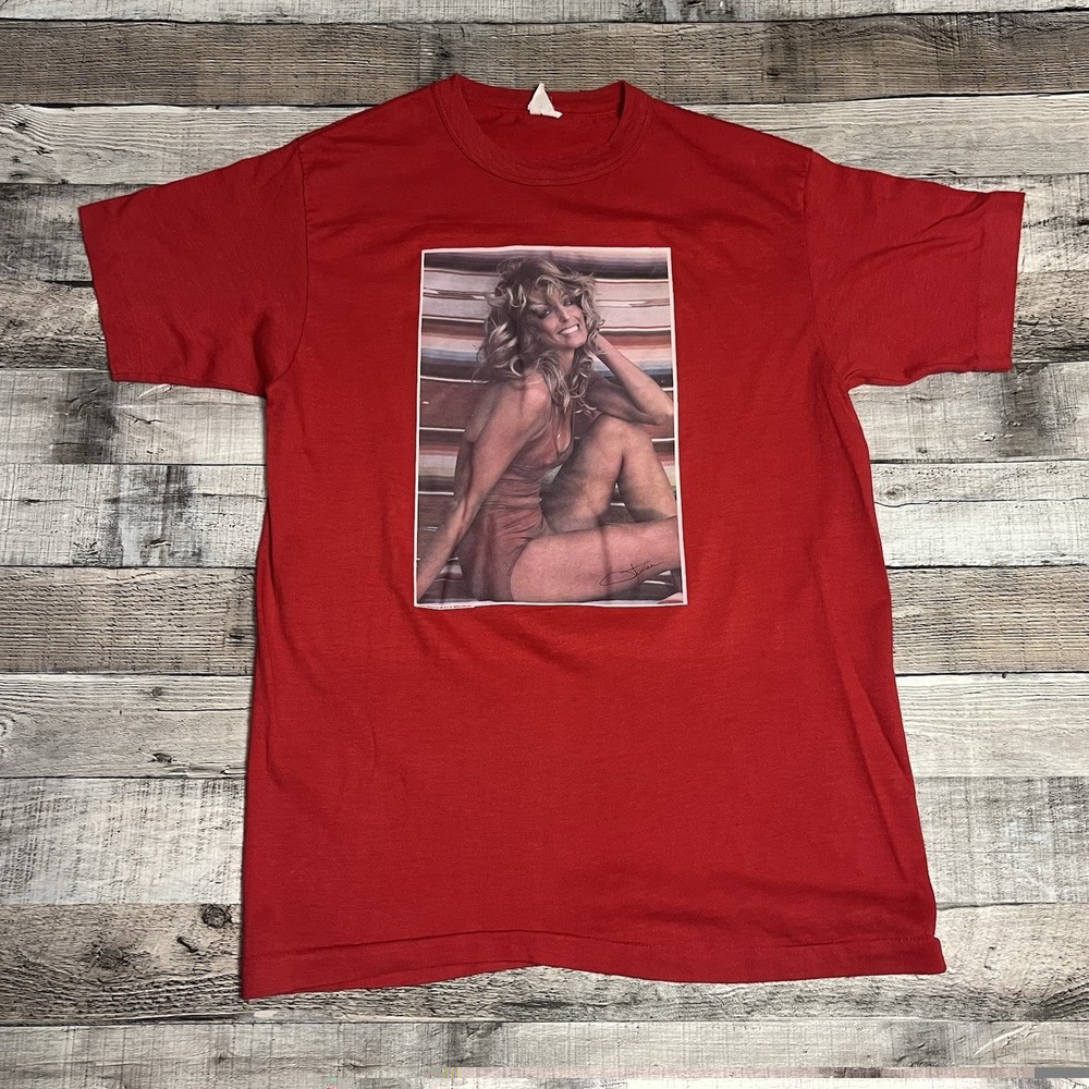 Farrah Fawcett Shirt Size Large Red Vintage 70s Model Pinup Actress Photo